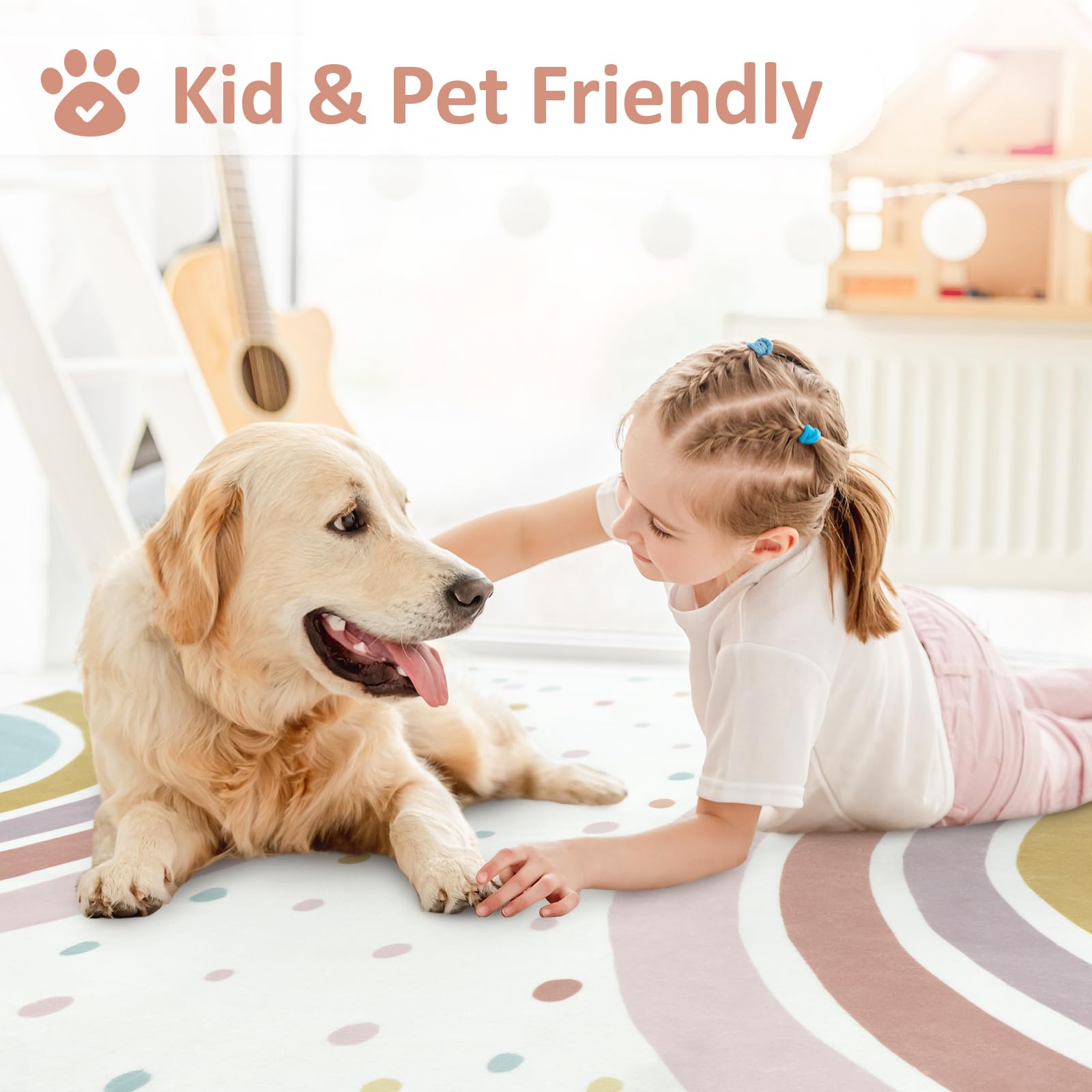 STARUIA rainbow rug back shows anti-slip backing for safer active play on floors.