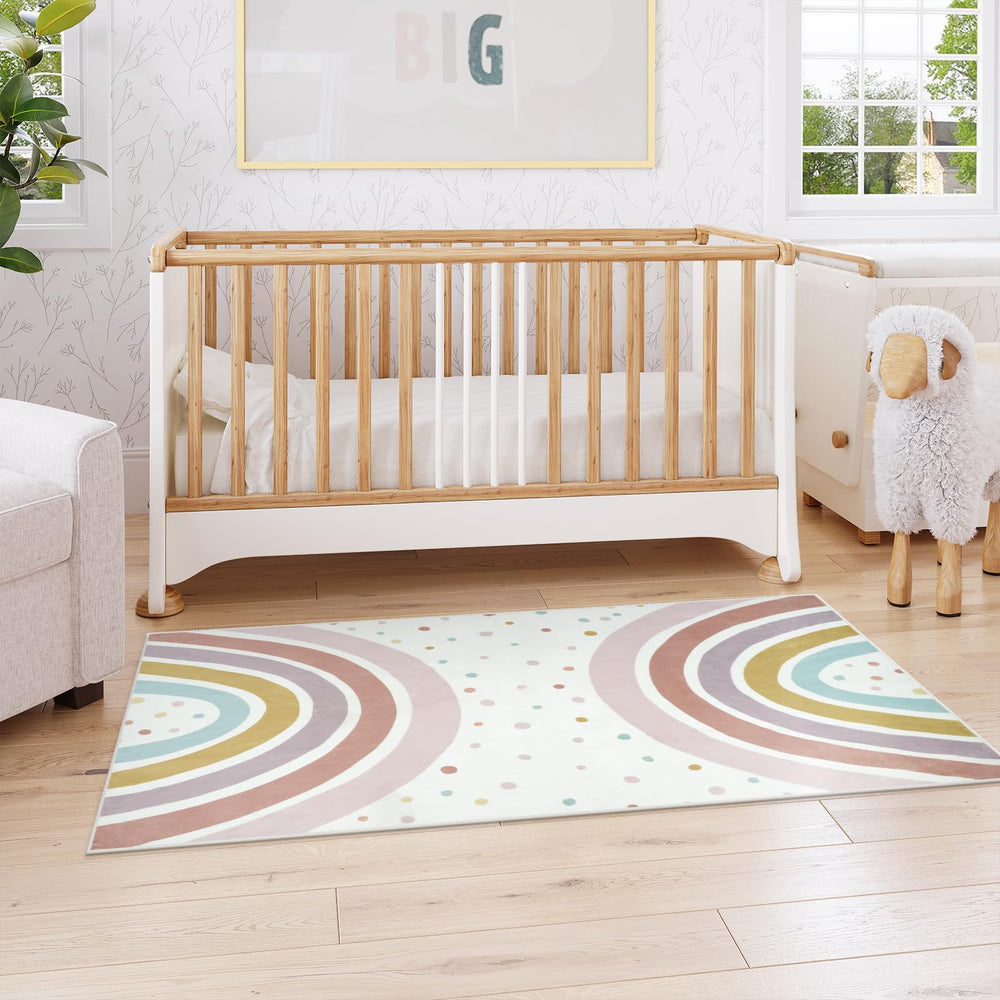 STARUIA rainbow rug beside reading nook invites quiet time and storytelling.