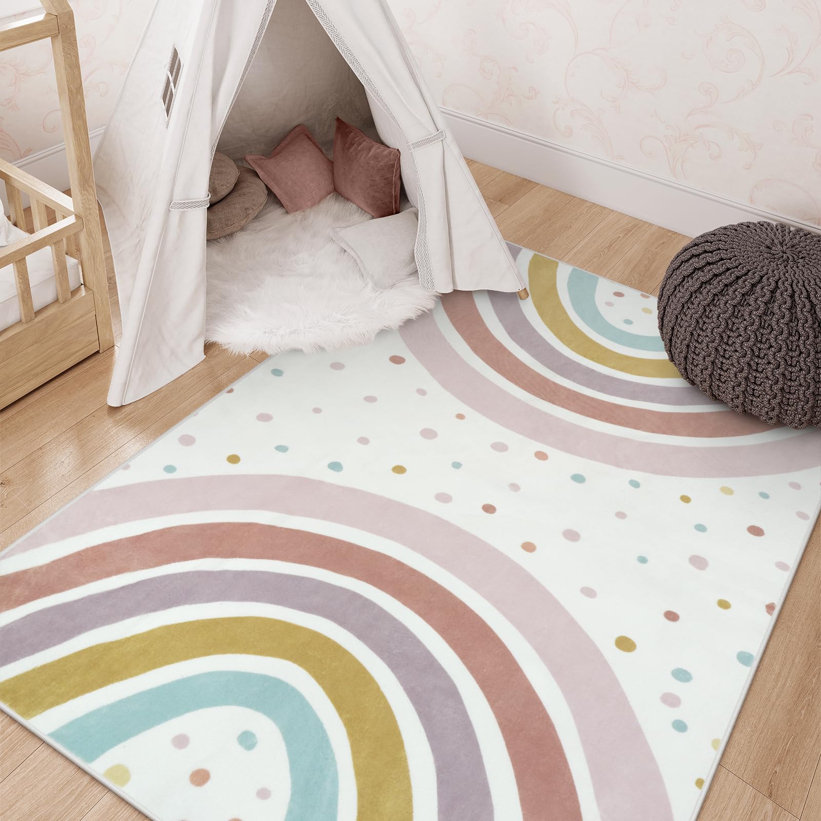 STARUIA rainbow rug close-up shows soft fibers and a bright double rainbow for cozy playtime.