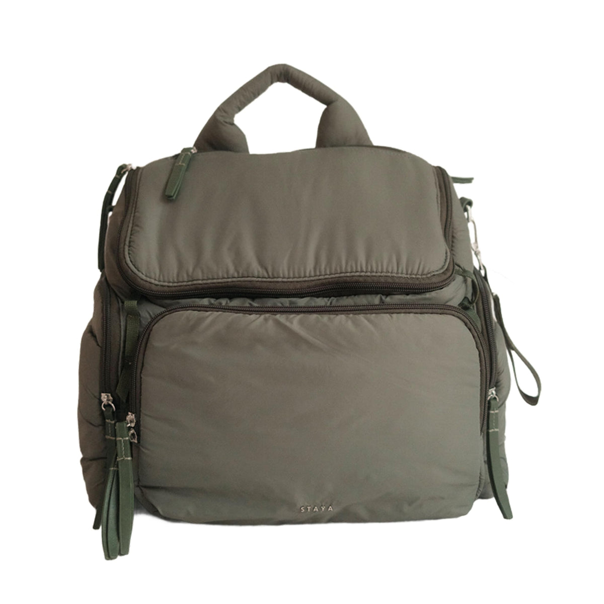 Staya Cloud Diaper Bag Sage front view highlights organized pockets for on-the-go parents