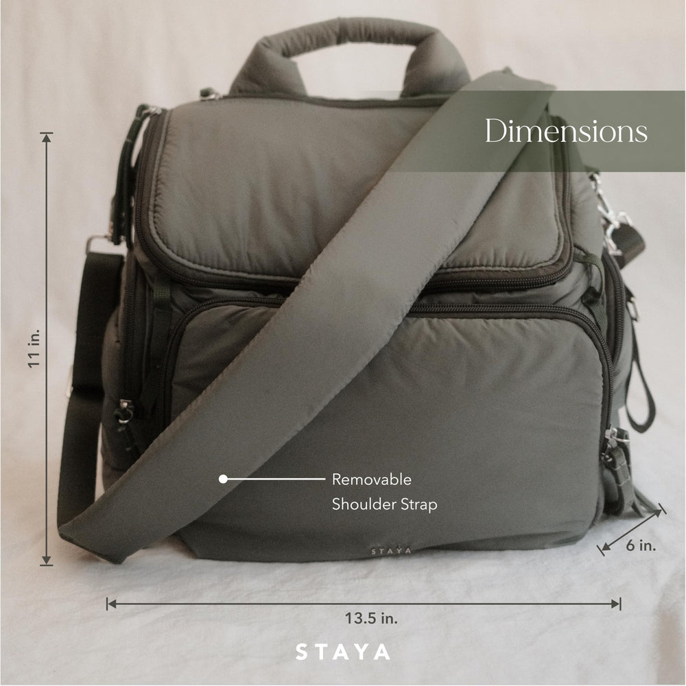 Staya Cloud Diaper Bag Sage interior layout shows 4 compartments for easy access