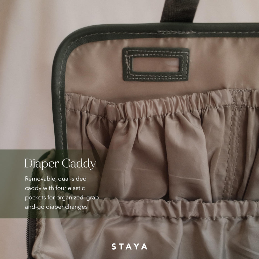 Staya Cloud Diaper Bag Sage padded backpack straps reduce shoulder strain