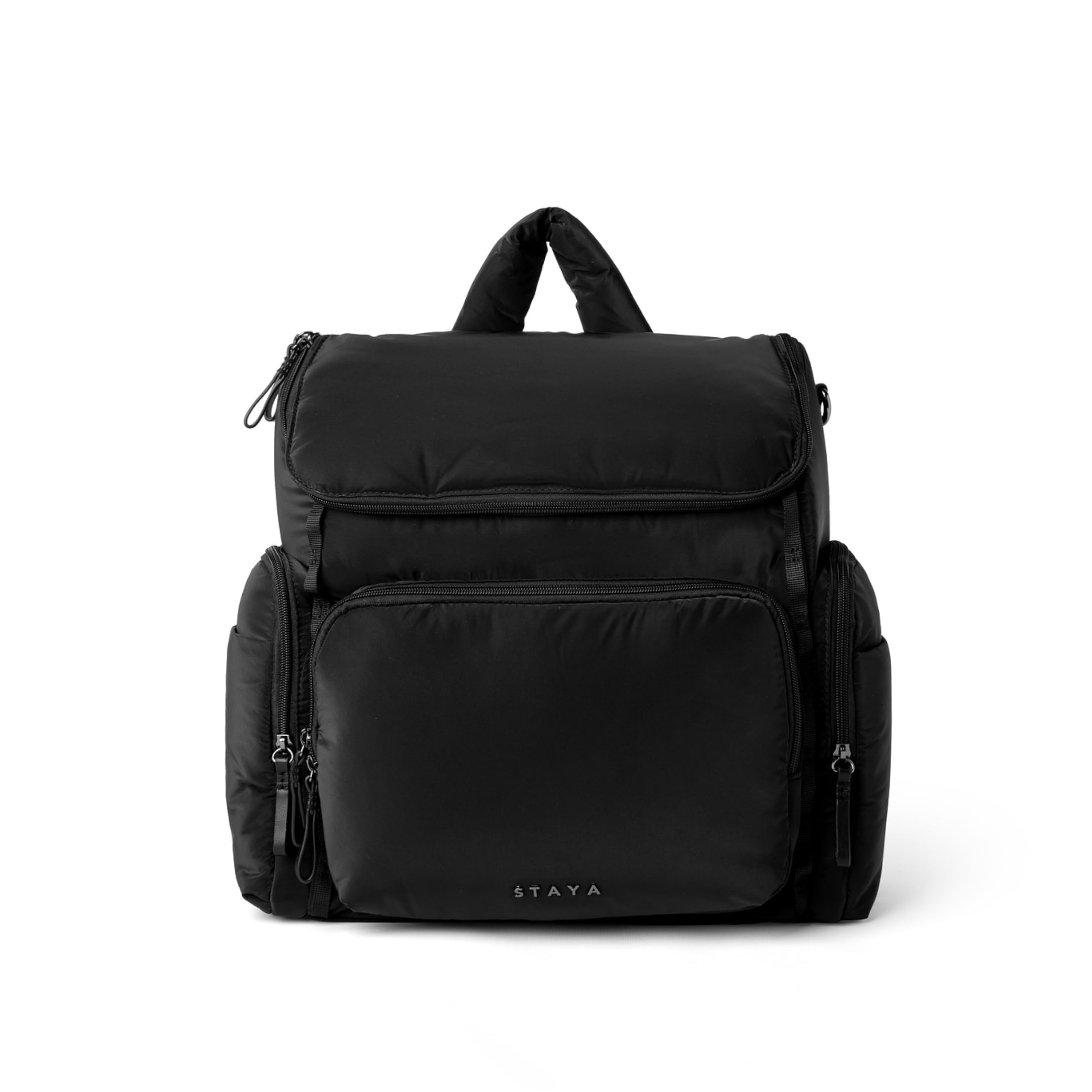 Staya Large Diaper Bag Backpack overview shows a sleek, organized travel companion.