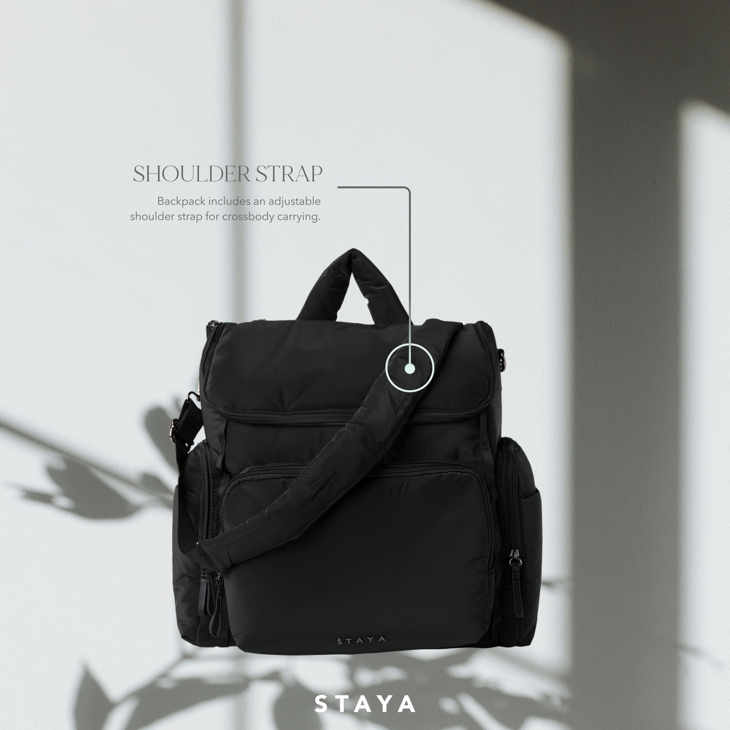 Staya Large Diaper Bag Backpack padded shoulder straps reduce fatigue during long days.