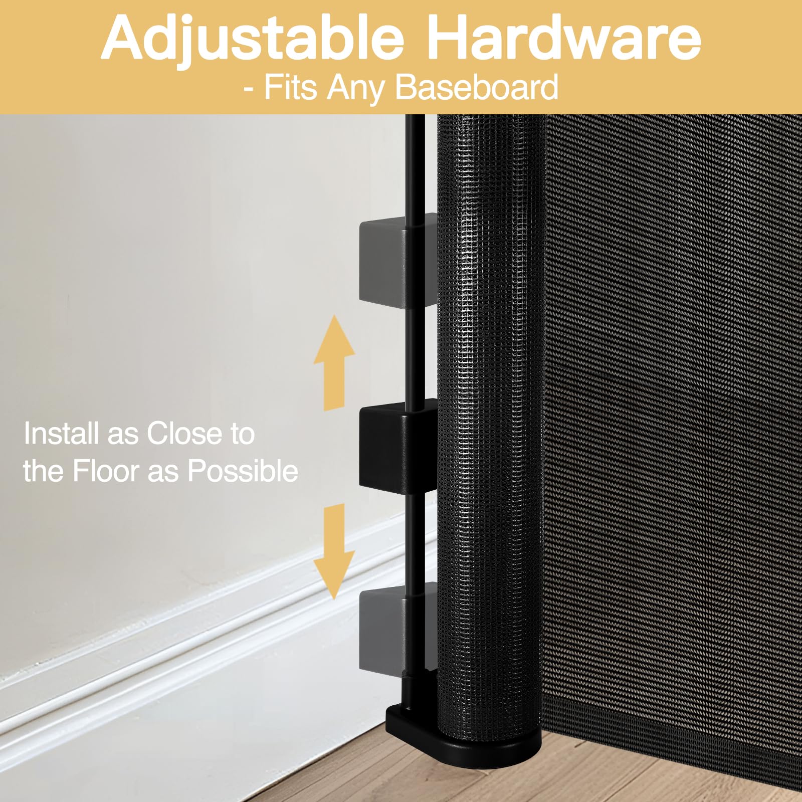 Stcockis baseboard-adjustable-bracket shows seamless installation around baseboards.