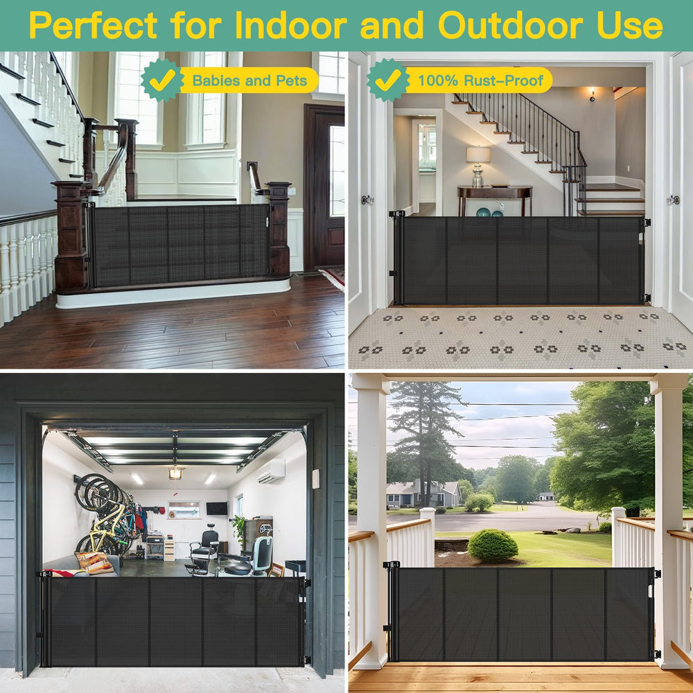 Stcockis indoor-outdoor retractable gate fits stairs, doorways, and porches with ease.
