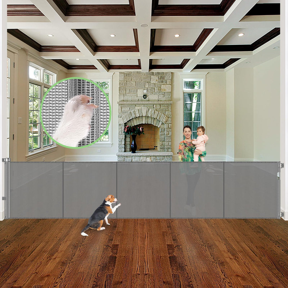 Stcockis reinforced 155-inch gate extended for wide openings keeps kids and pets contained indoors.
