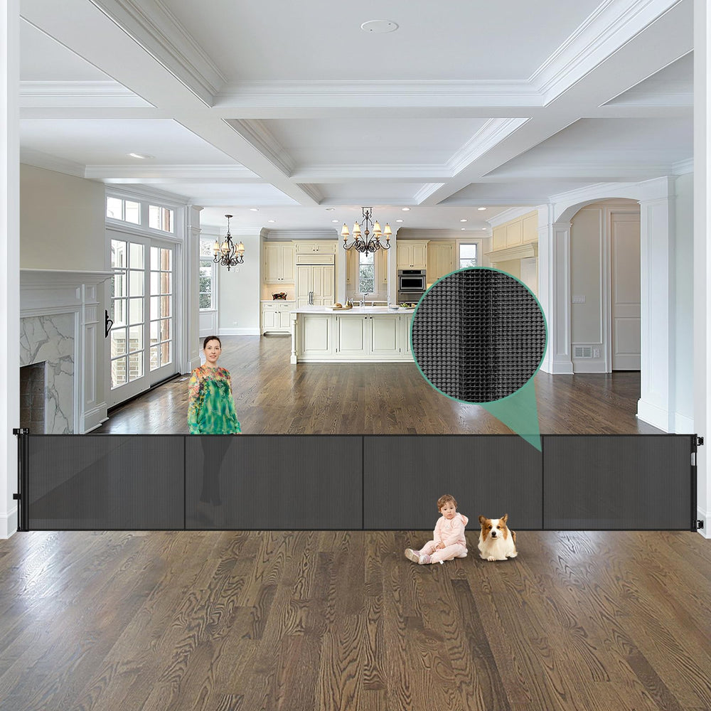 Stcockis reinforced 195-inch gate extended to cover wide openings for safer homes