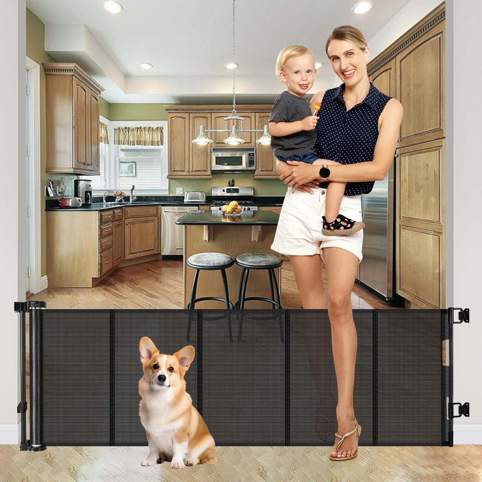 Stcockis reinforced 22in gate closed with taut mesh provides durable pet containment.