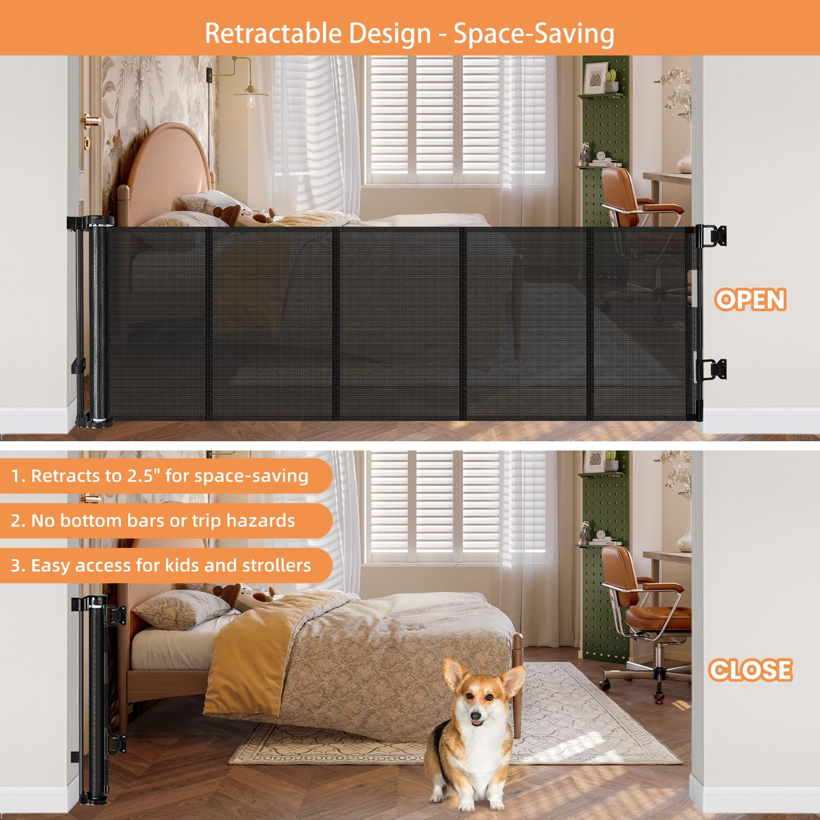 Stcockis retractable 55-inch gate extended to cover large openings.