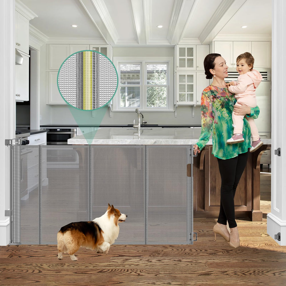 Stcockis 60-inch retractable gate in doorway for wide-room control.