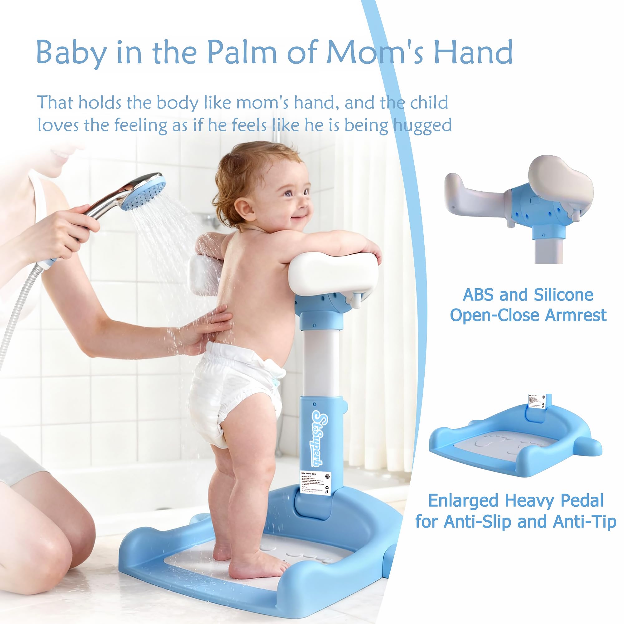 SteelSuperb baby shower stand height adjustable to fit growing babies and varying bath spaces.
