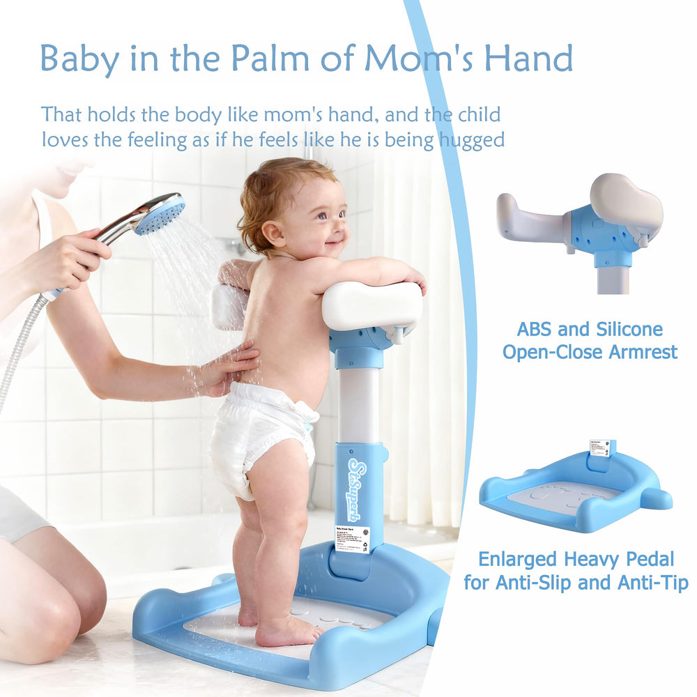 SteelSuperb baby shower stand height adjustable to fit growing babies and varying bath spaces.