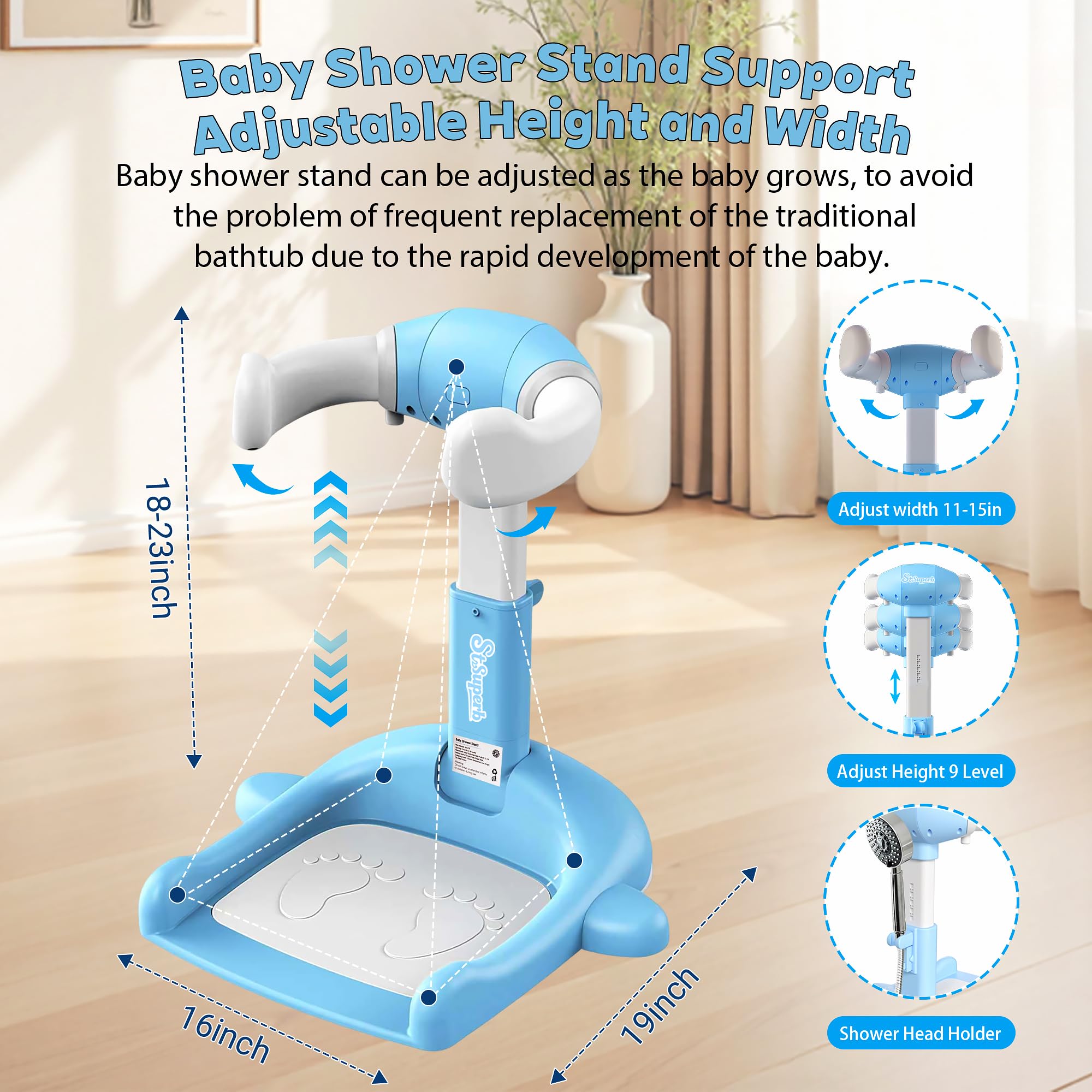 SteelSuperb in-use baby shower stand provides ergonomic support and quick cleanup.
