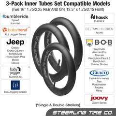Steerling inner-tube compatibility logos emphasize broad stroller brand reach and versatility.