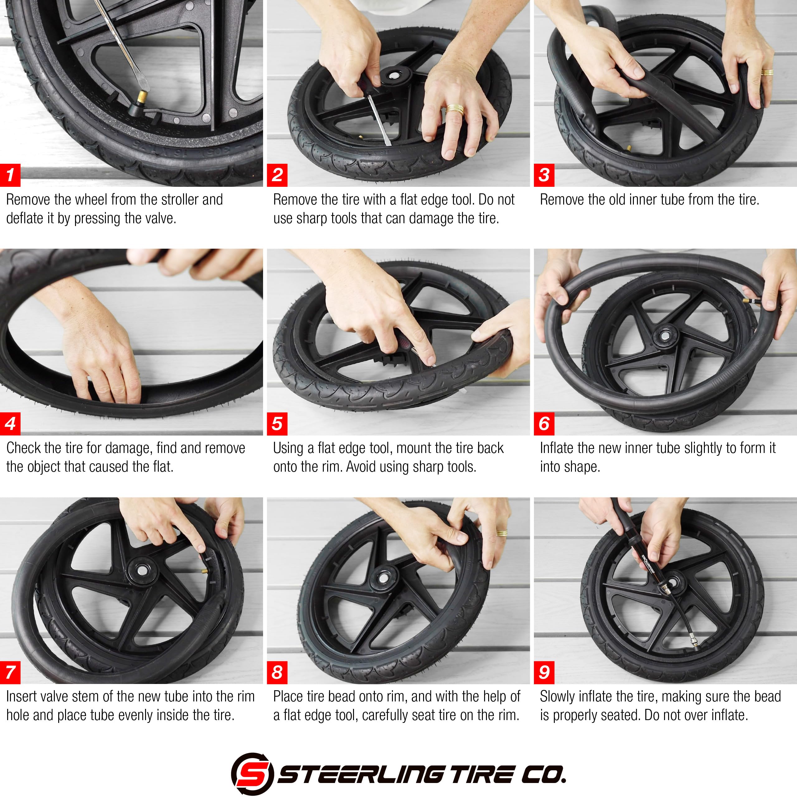 Steerling Tire Co easy-install design simplifies stroller tire swaps.