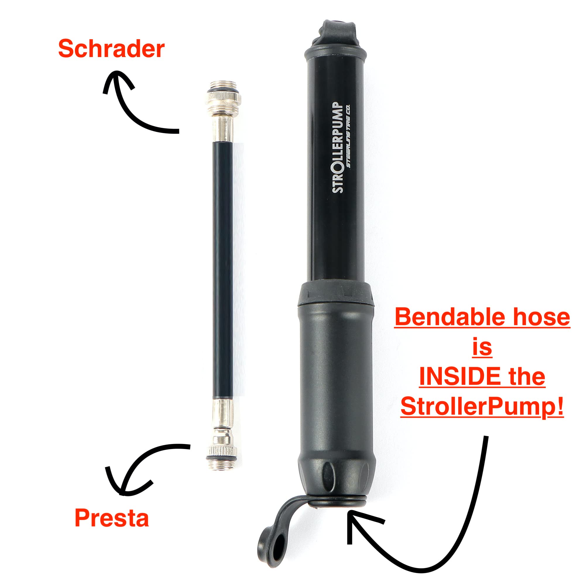 Steerling StrollerPump bendable hose extended to reach tight valve access.