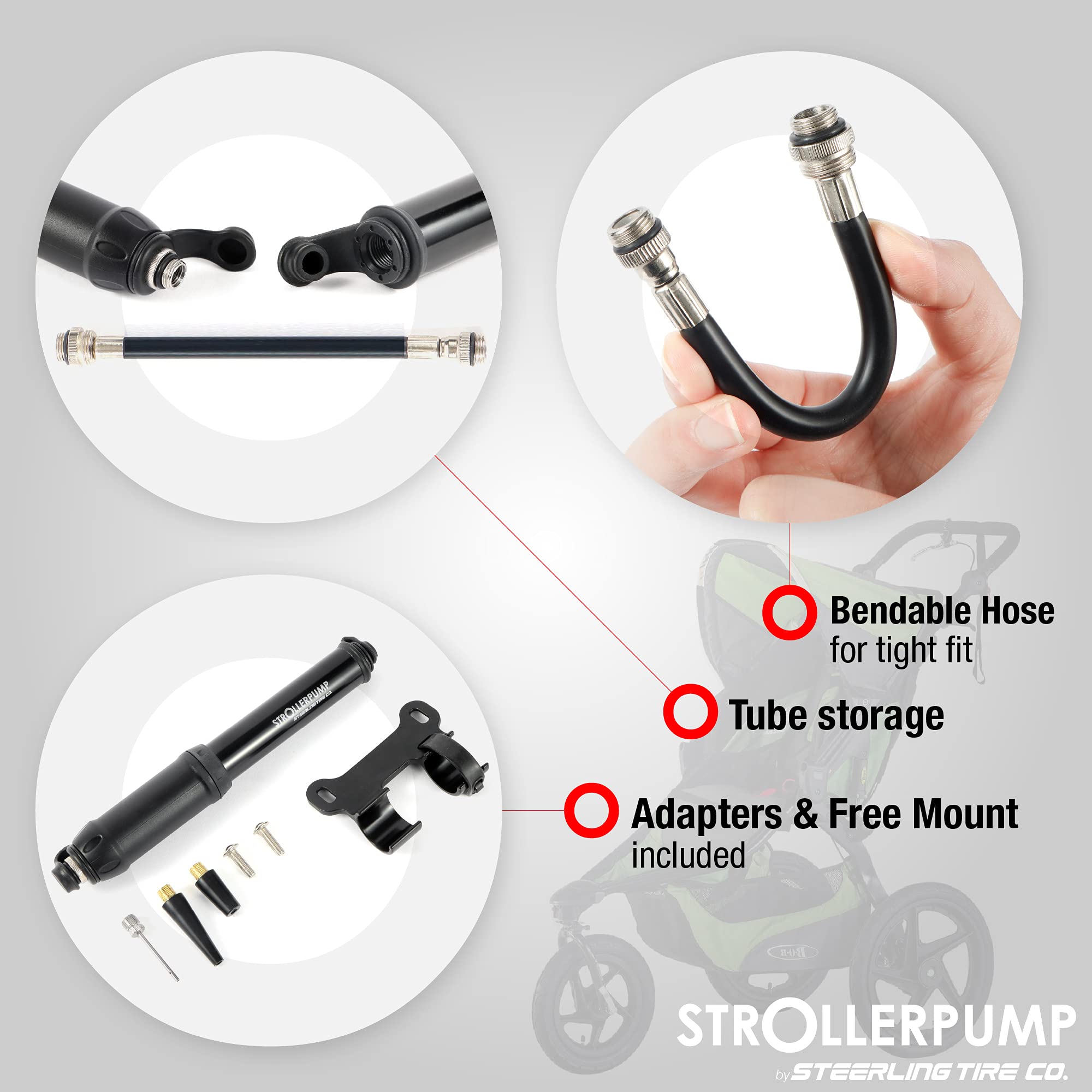 Steerling StrollerPump mount clip keeps the inflator within arm's reach.