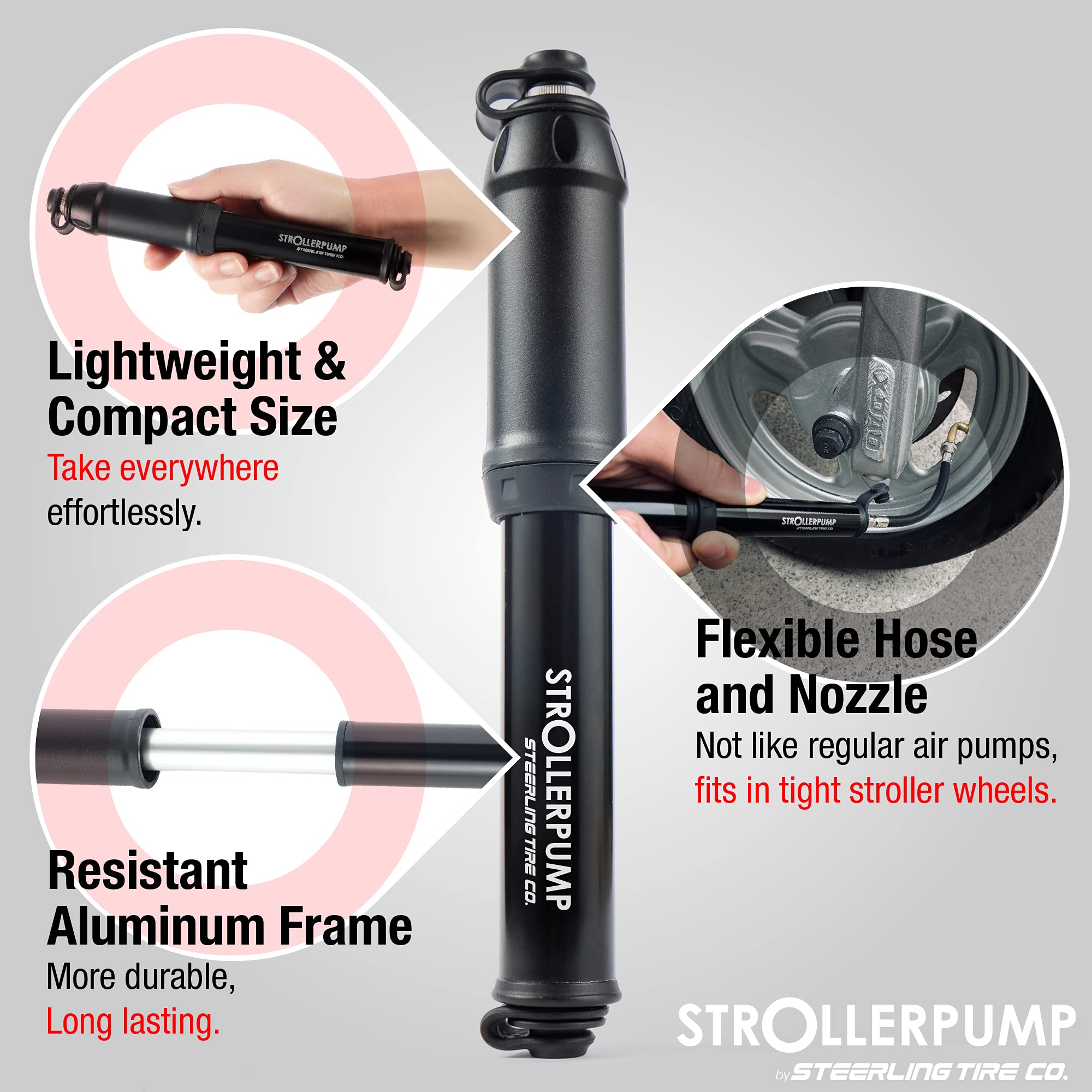 Steerling StrollerPump includes valve adaptors for easy cross-brand inflation.
