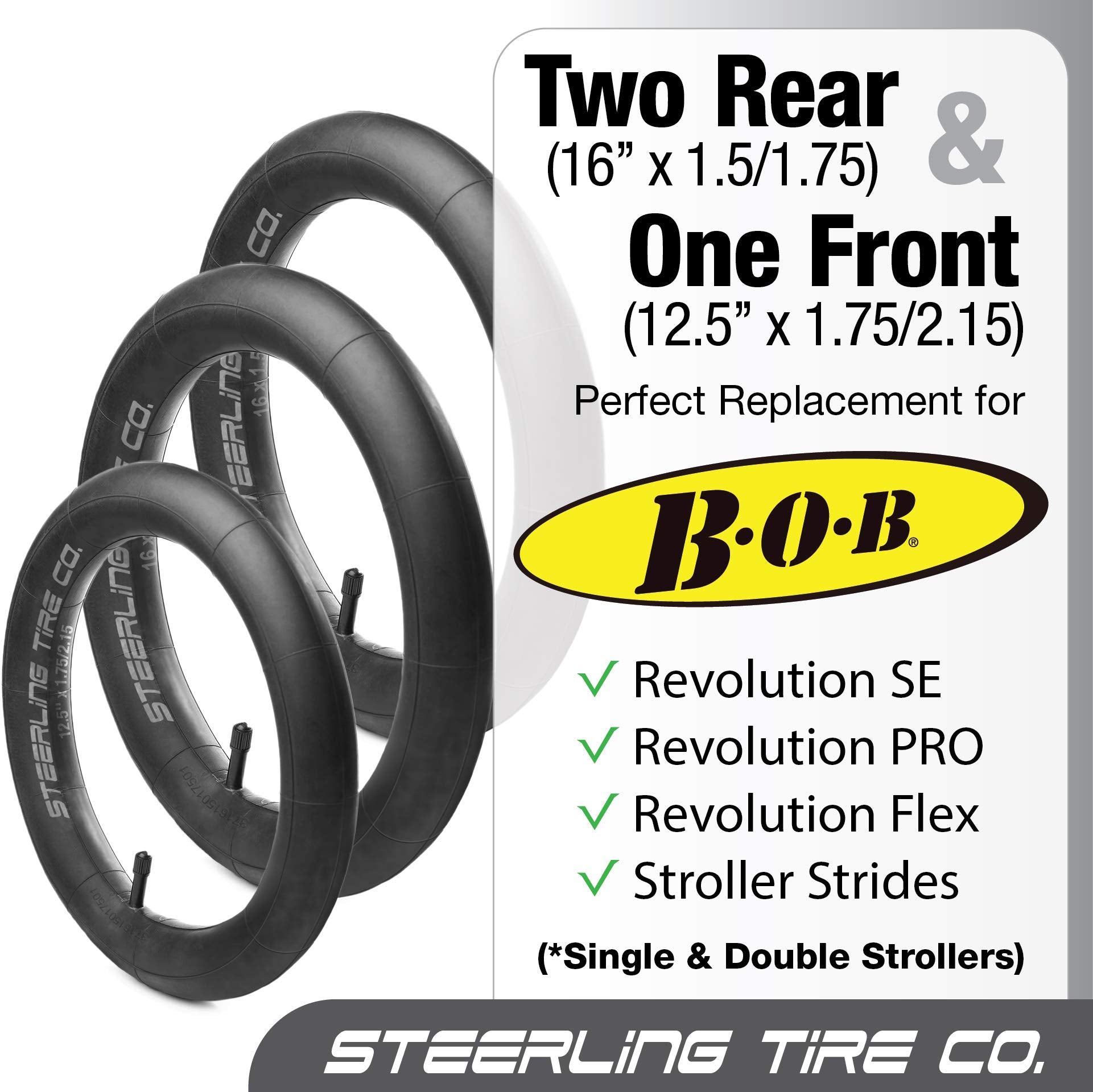 Steerling Tire Co three-pack packaging image, easy replacement for multiple strollers.