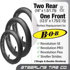 Steerling Tire Co three-pack packaging image, easy replacement for multiple strollers.