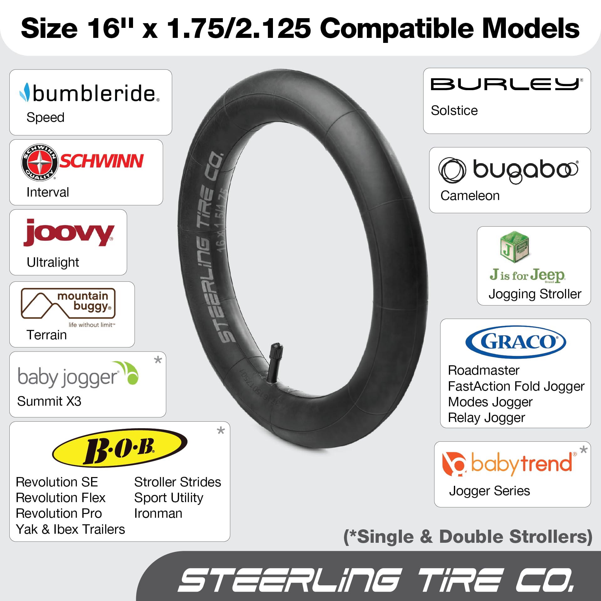 Steerling Tire Co universal inner-tube fits 16 inch wheels and multiple stroller brands.