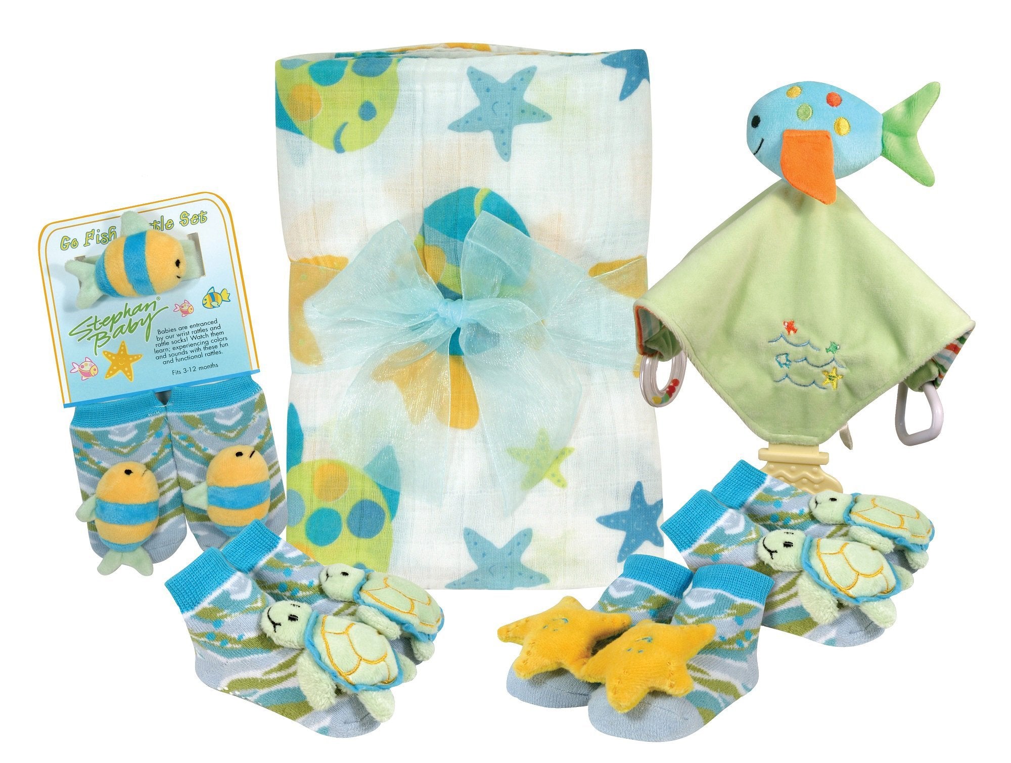 Stephan Baby Go Fish Chewbie security blankie with 10x10 blanket provides comforting security.