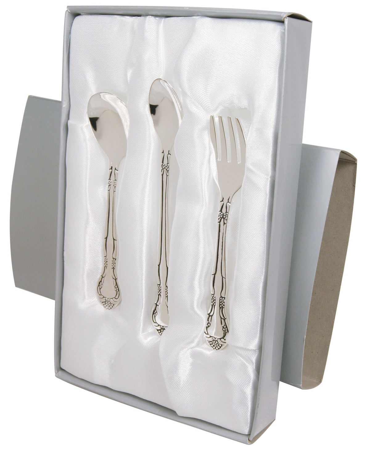 Stephan Baby keepsake feeding set in satin-lined box offers heirloom-ready presentation.