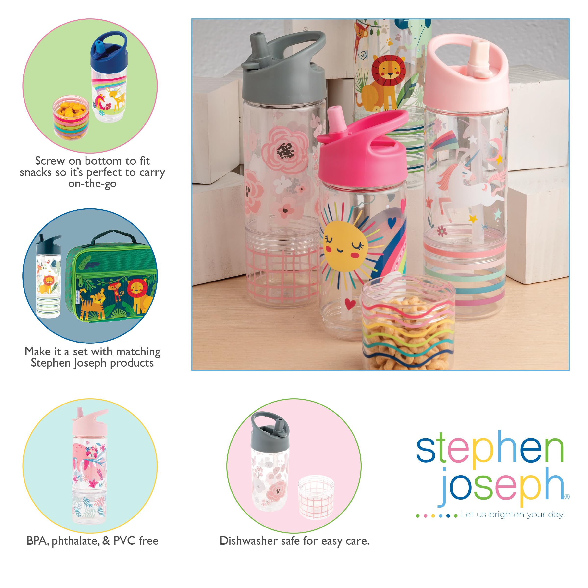 Stephen Joseph Kids Sip and Snack Bottle BPA-free Tritan material for safe daily use