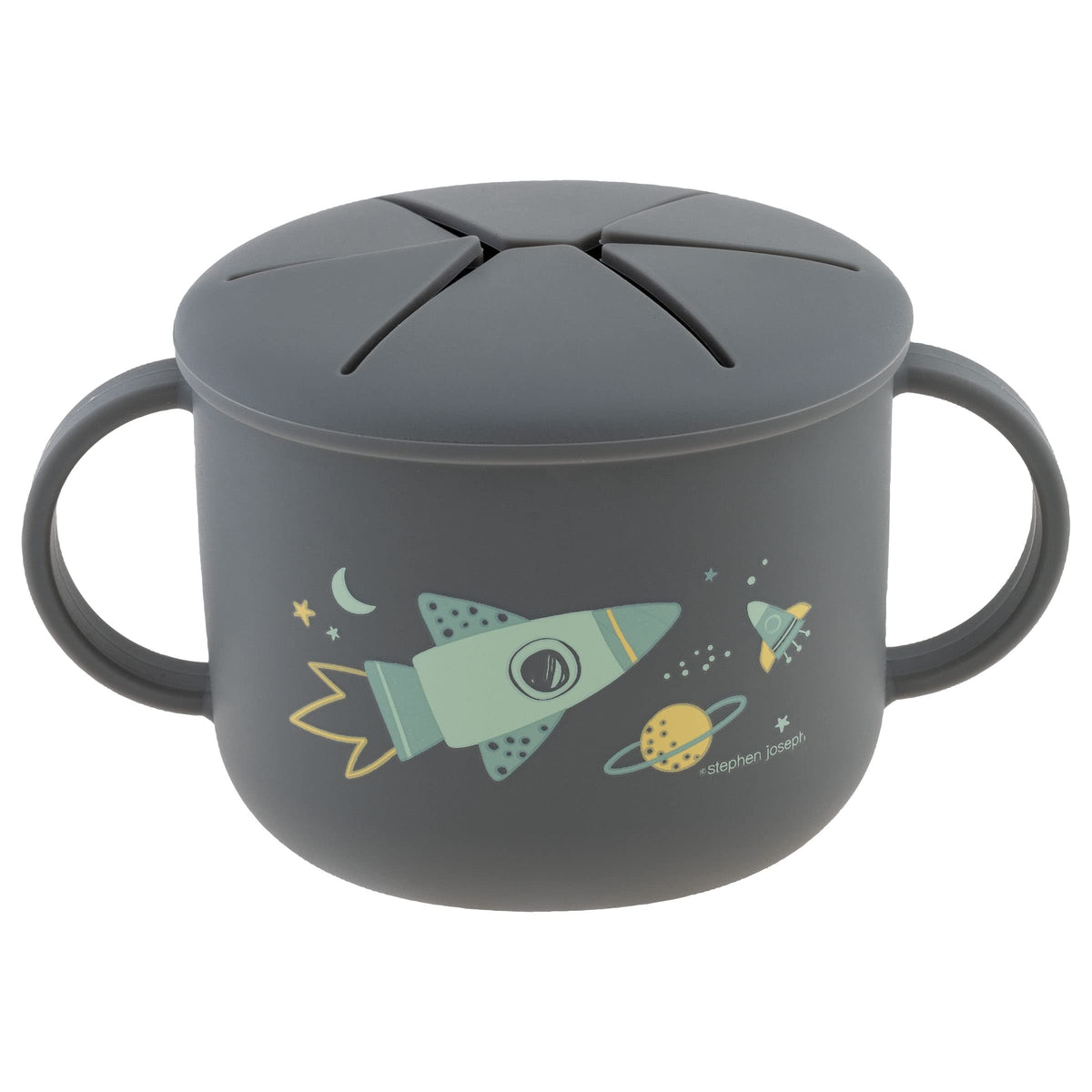 Stephen Joseph silicone snack cup lid-open demonstrates spill-free feeding for toddlers.