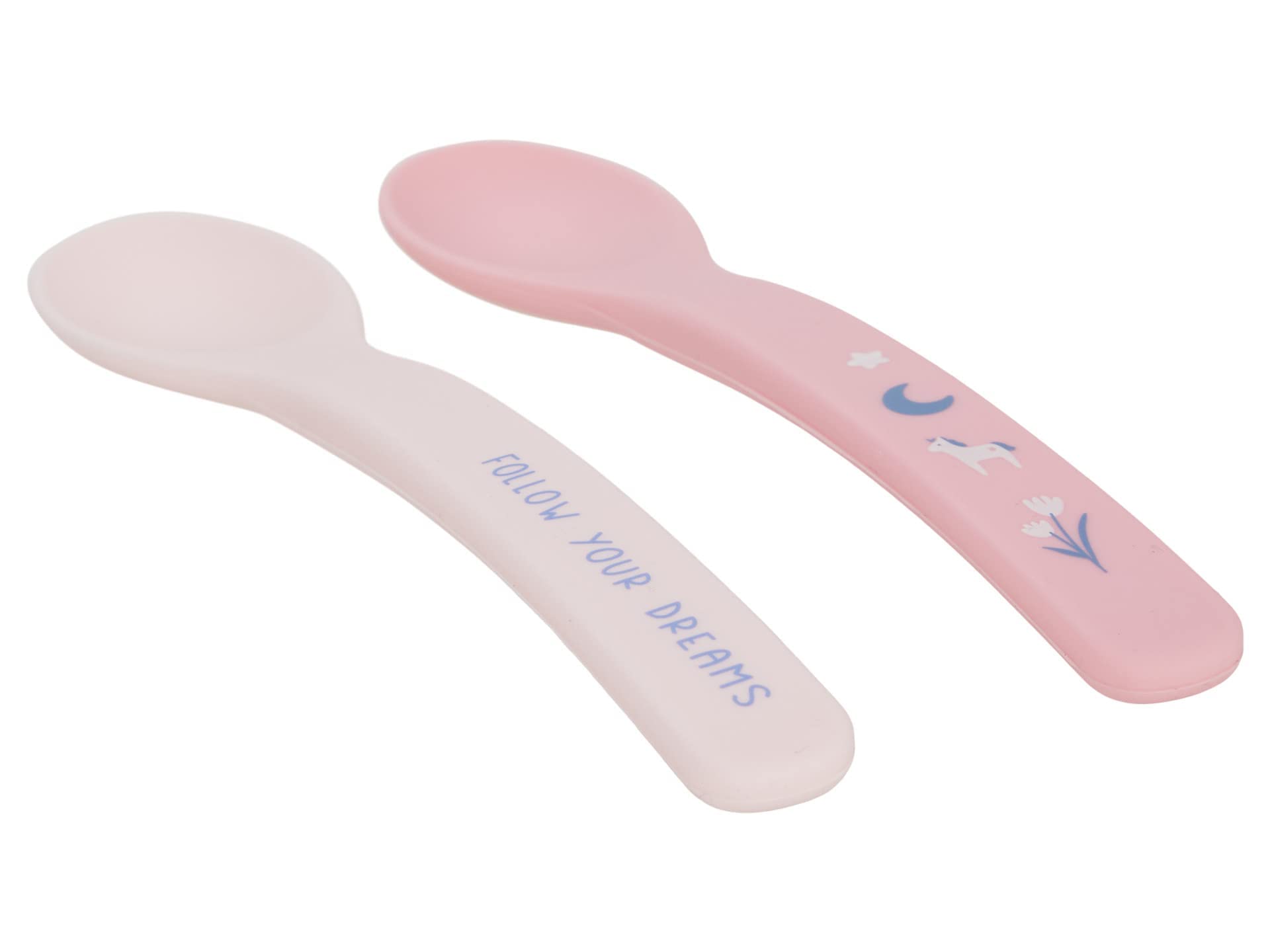 Stephen Joseph silicone spoon unicorn dishwasher-safe design shown with clean dishes.