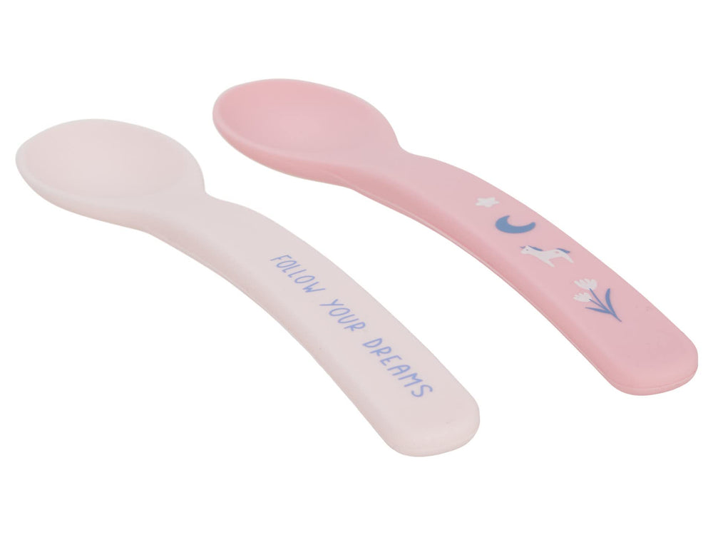 Stephen Joseph silicone spoon unicorn dishwasher-safe design shown with clean dishes.