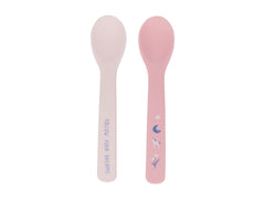 Stephen Joseph silicone spoon unicorn hand-feeding scene shows easy grip for toddlers.