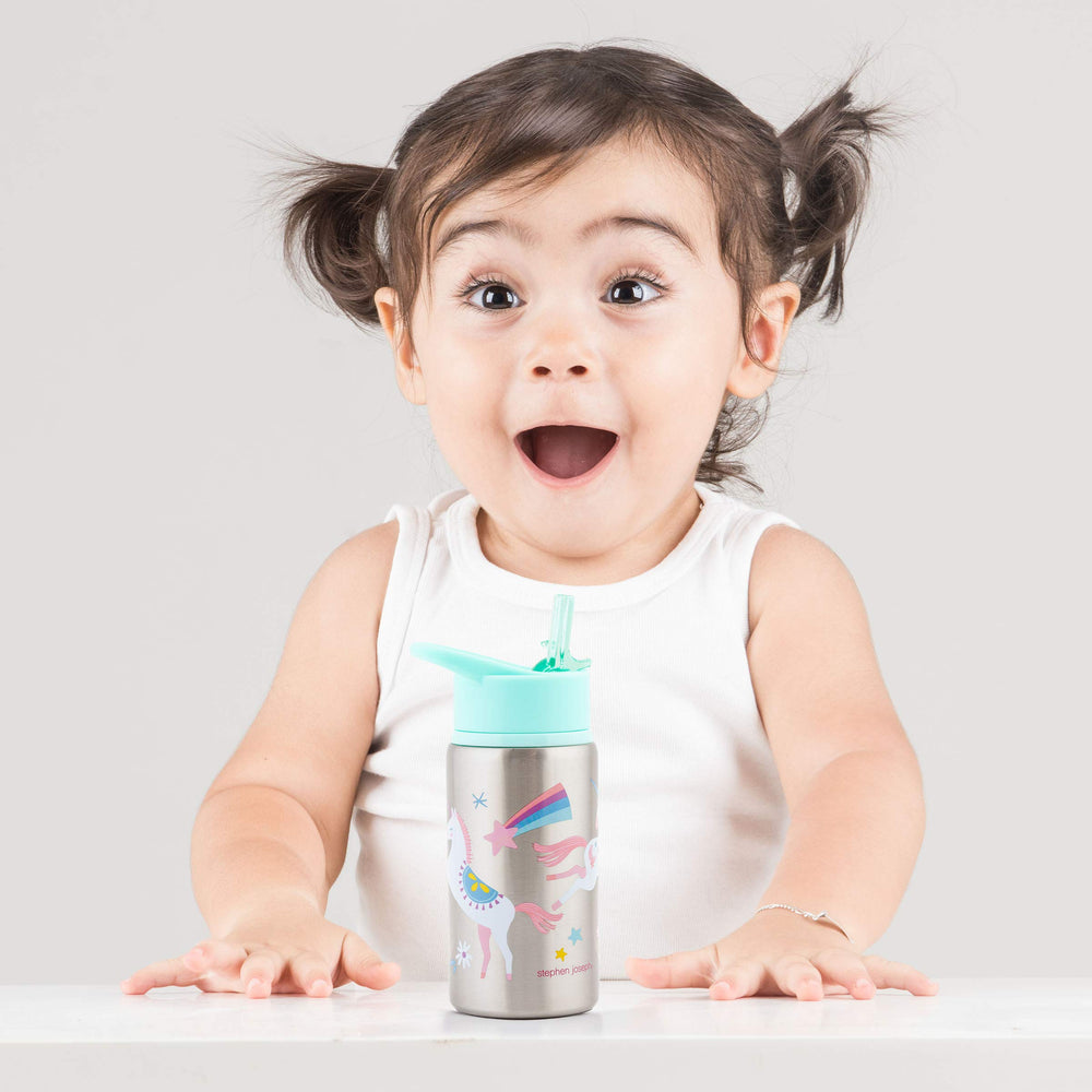 Stephen Joseph unicorn bottle flip-top spout; leak prevention when closed.