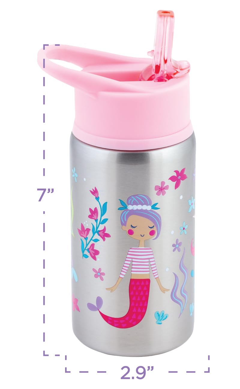 Stephen Joseph unicorn bottle with open straw lid; easy sipping.