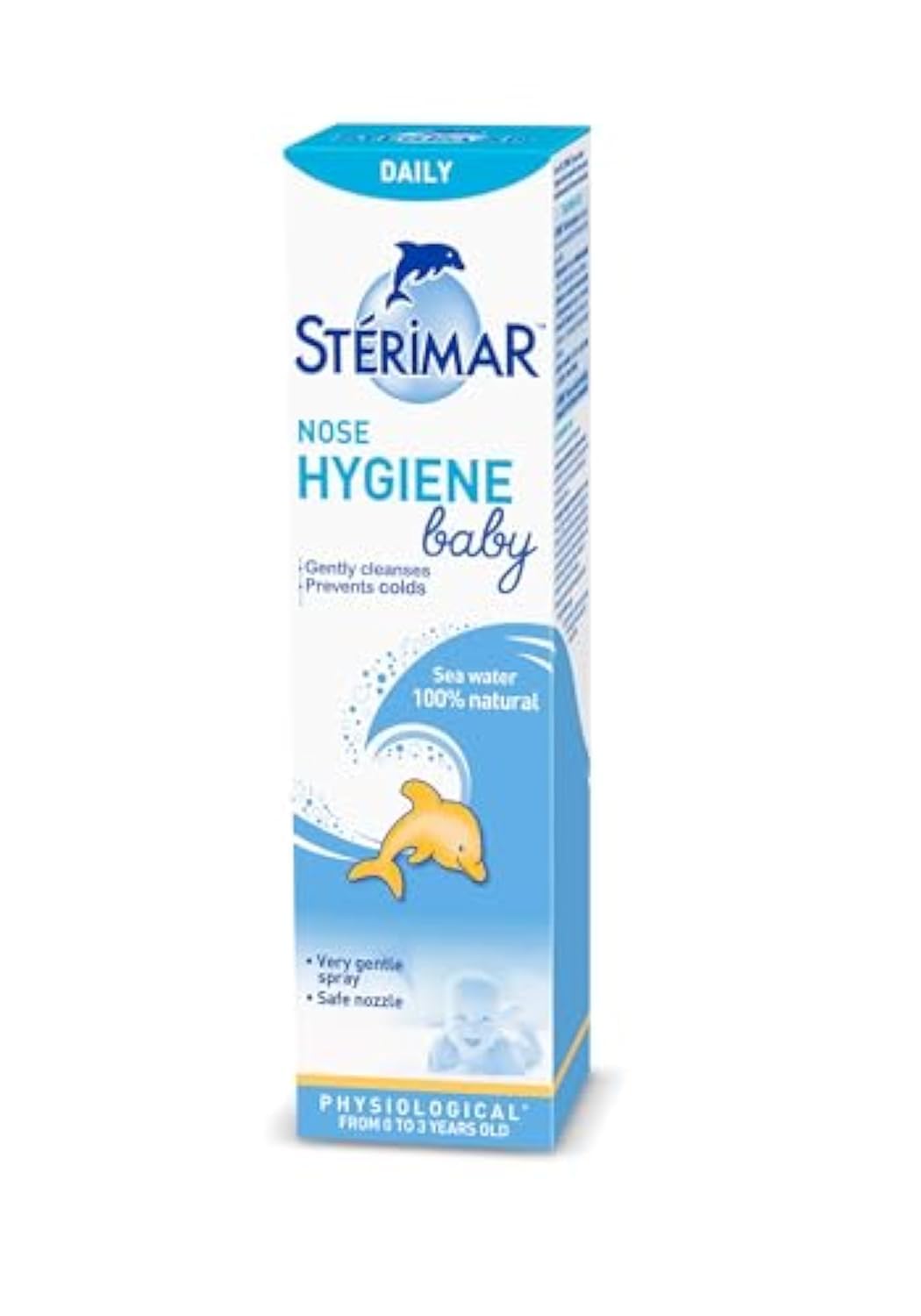 Sterimar Baby nasal hygiene spray bottle provides gentle natural relief for blocked noses.