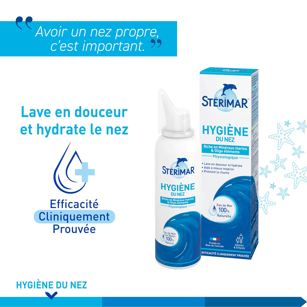 Sterimar soft nozzle close-up showing gentle cleansing for babies' noses.