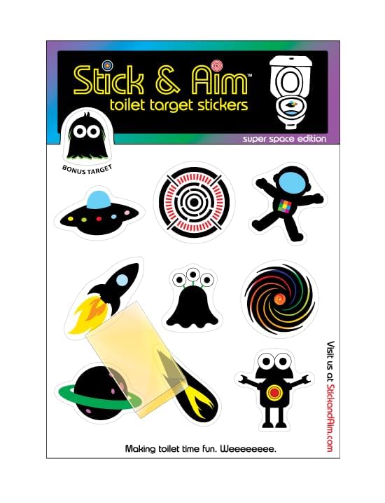 Stick & Aim applicator tool shown for easy target installation in bathrooms.