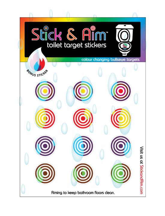 Stick & Aim bullseye target affixed to toilet bowl to reduce mess