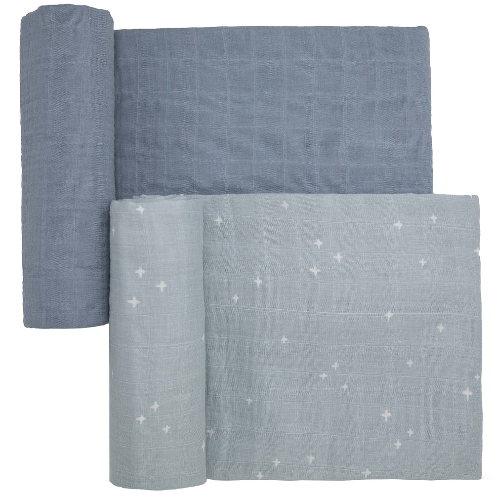 Sticky Toffee Muslin Swaddle blue-gray stars close-up for breathable newborn comfort.
