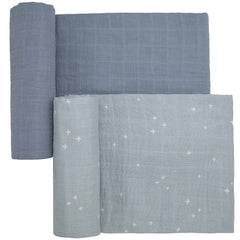 Sticky Toffee Muslin Swaddle blue-gray stars close-up for breathable newborn comfort.
