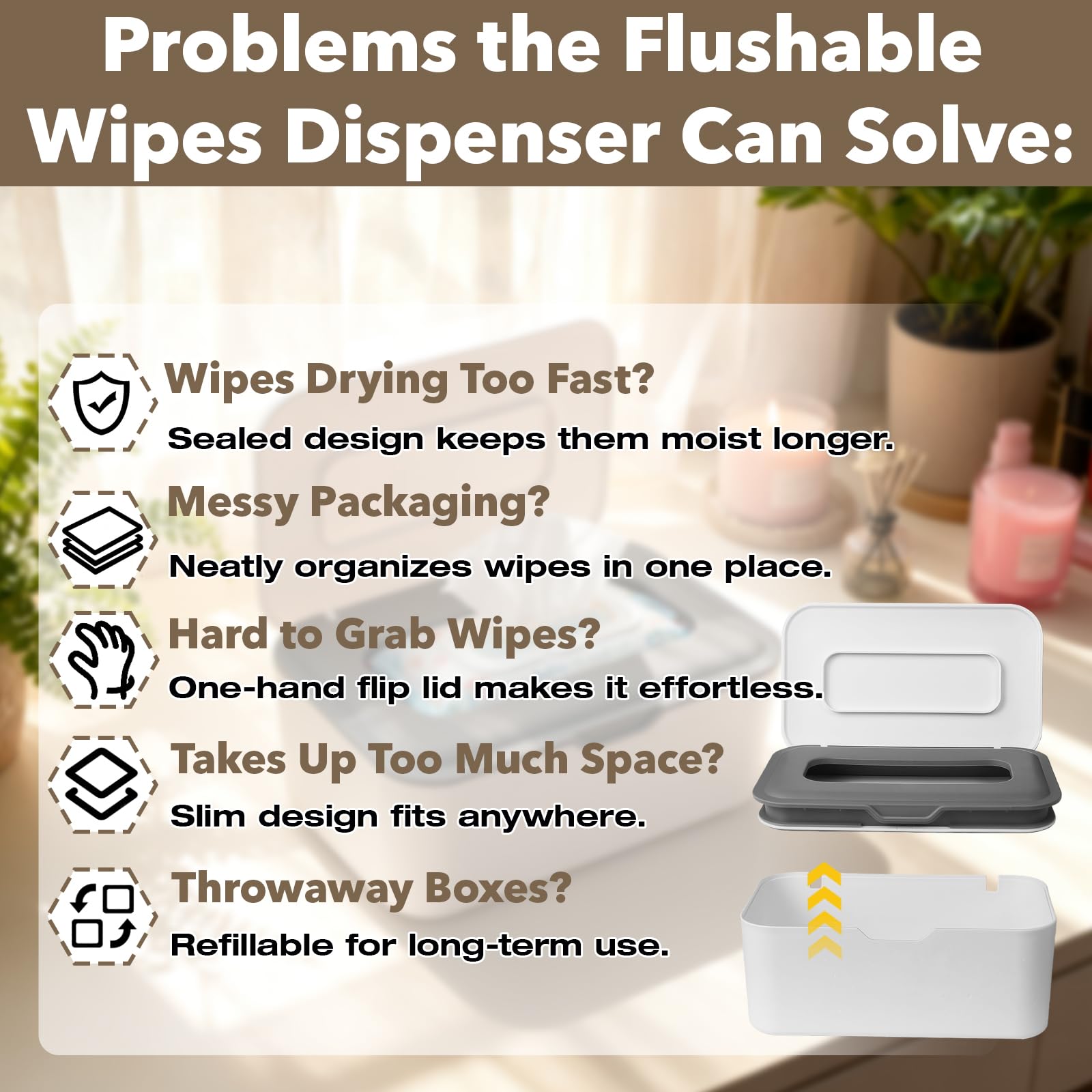 Stitokg flushable wipes dispenser inside seal keeps wipes moist for longer, ready when needed.