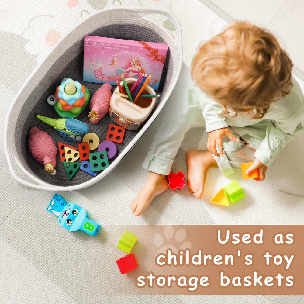 STOBSK dog toy basket in living room demonstrates multi-use storage.