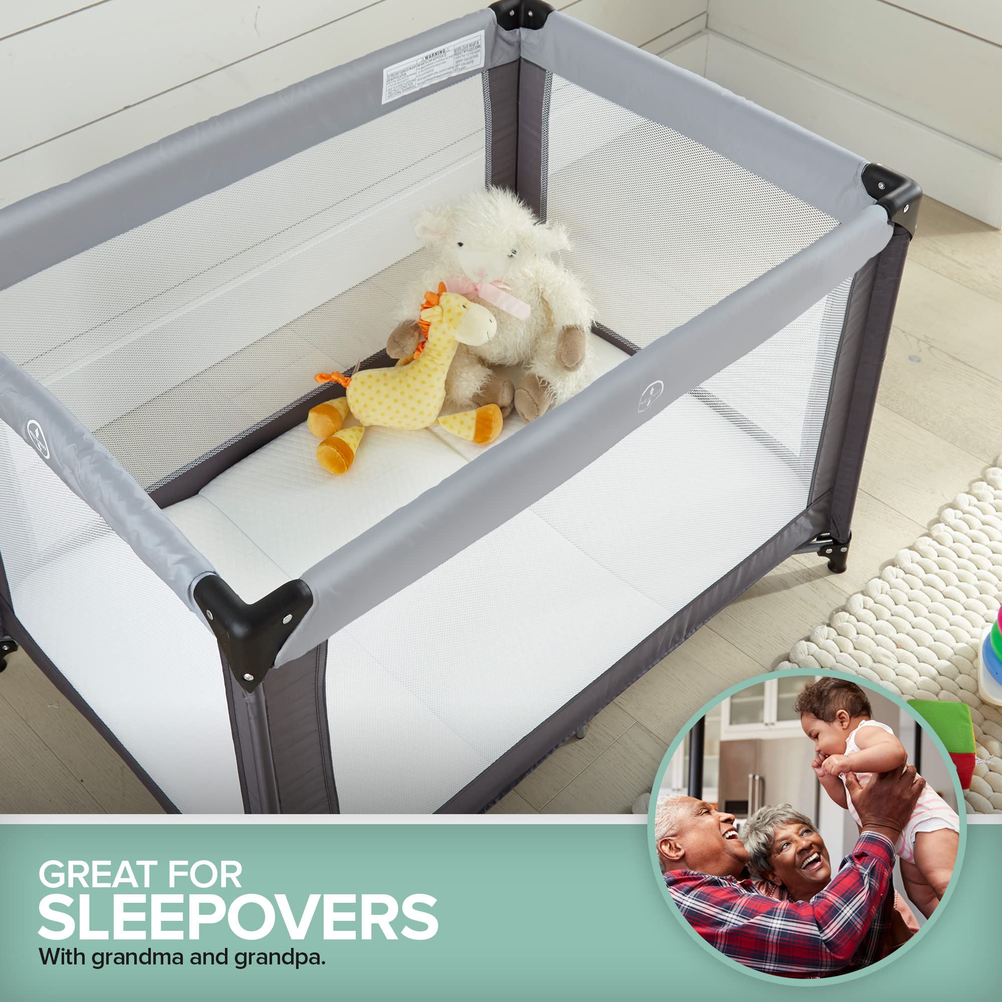 Stock Your Home pack n play setup in room shows ready to use portable play area