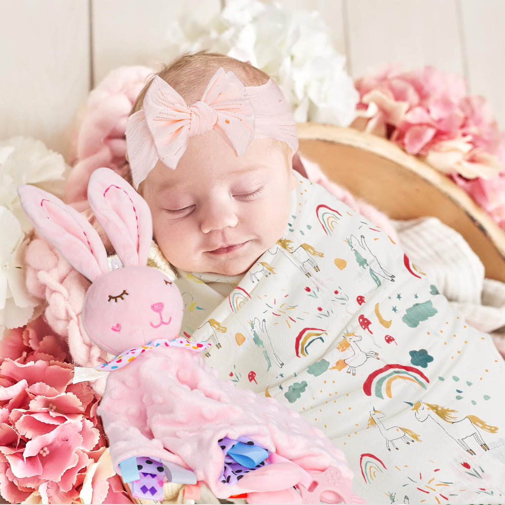 StoFurry bunny safety blanket encourages grasping and sensory engagement.