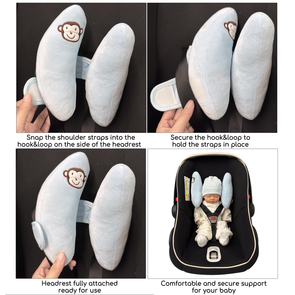StoHua blue adjustable pillow fitted to infant head for secure sleep