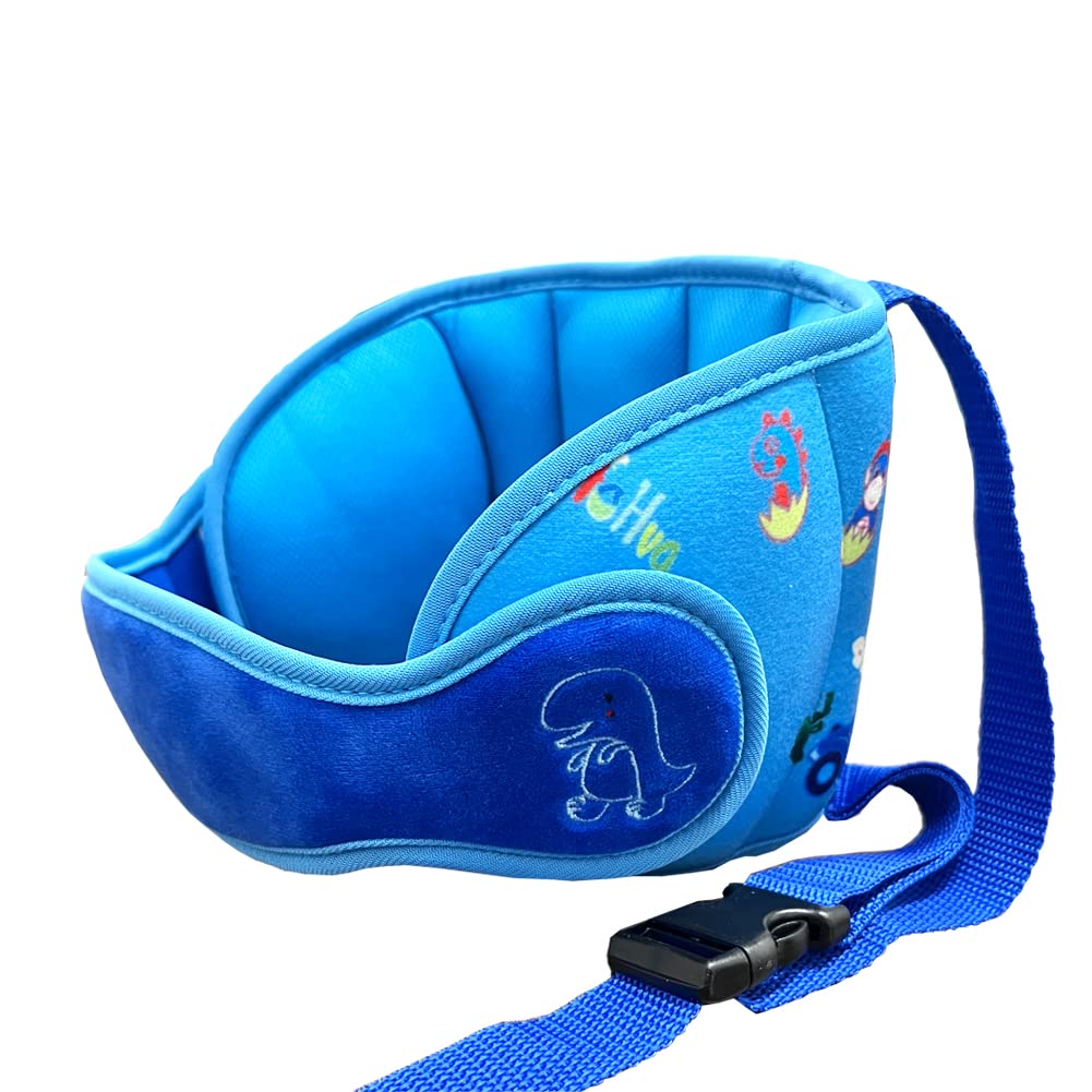 StoHua blue dinosaur head support on car seat for secure travel.