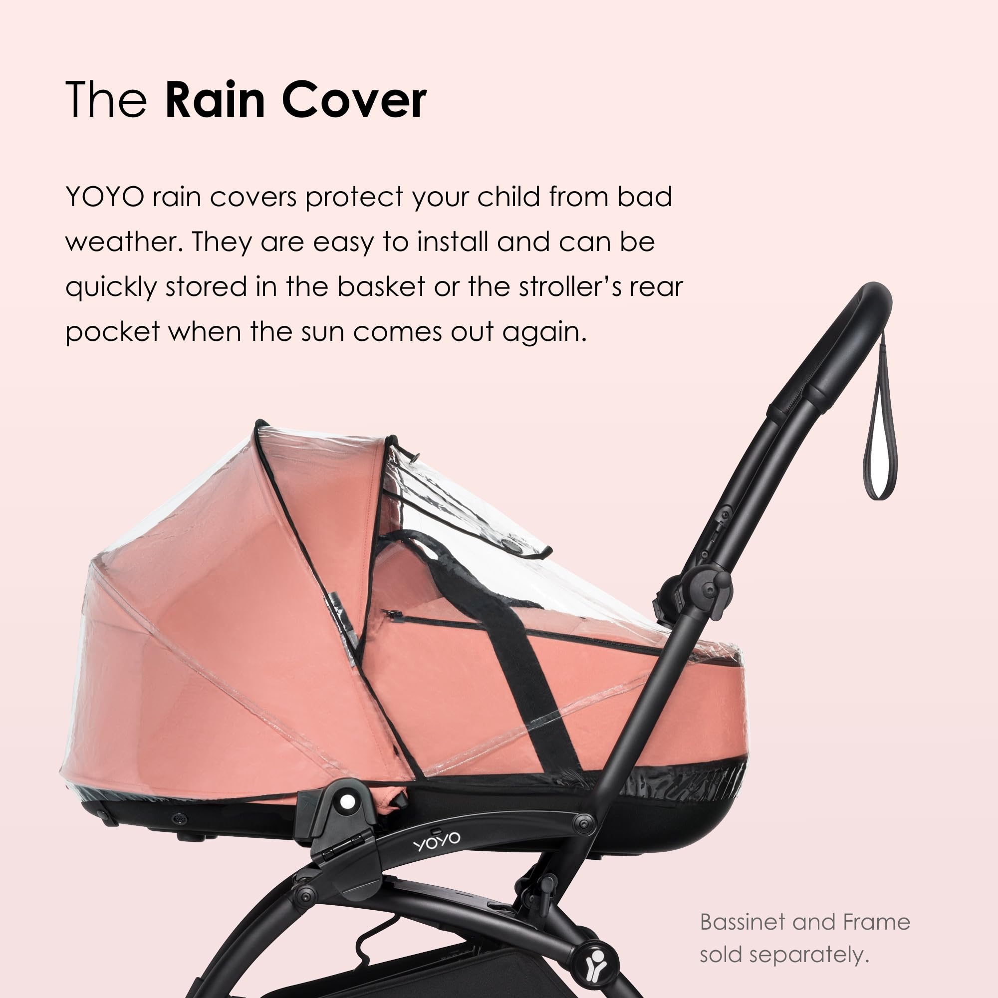 Stokke Babyzen YOYO rain cover folds compactly for basket storage.