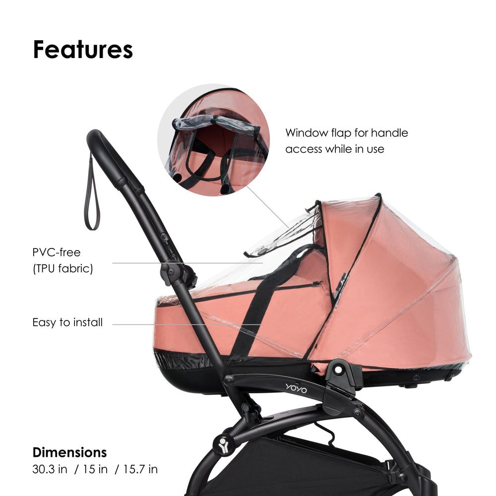 Stokke Babyzen YOYO rain cover fits bassinet, keeps wind out.