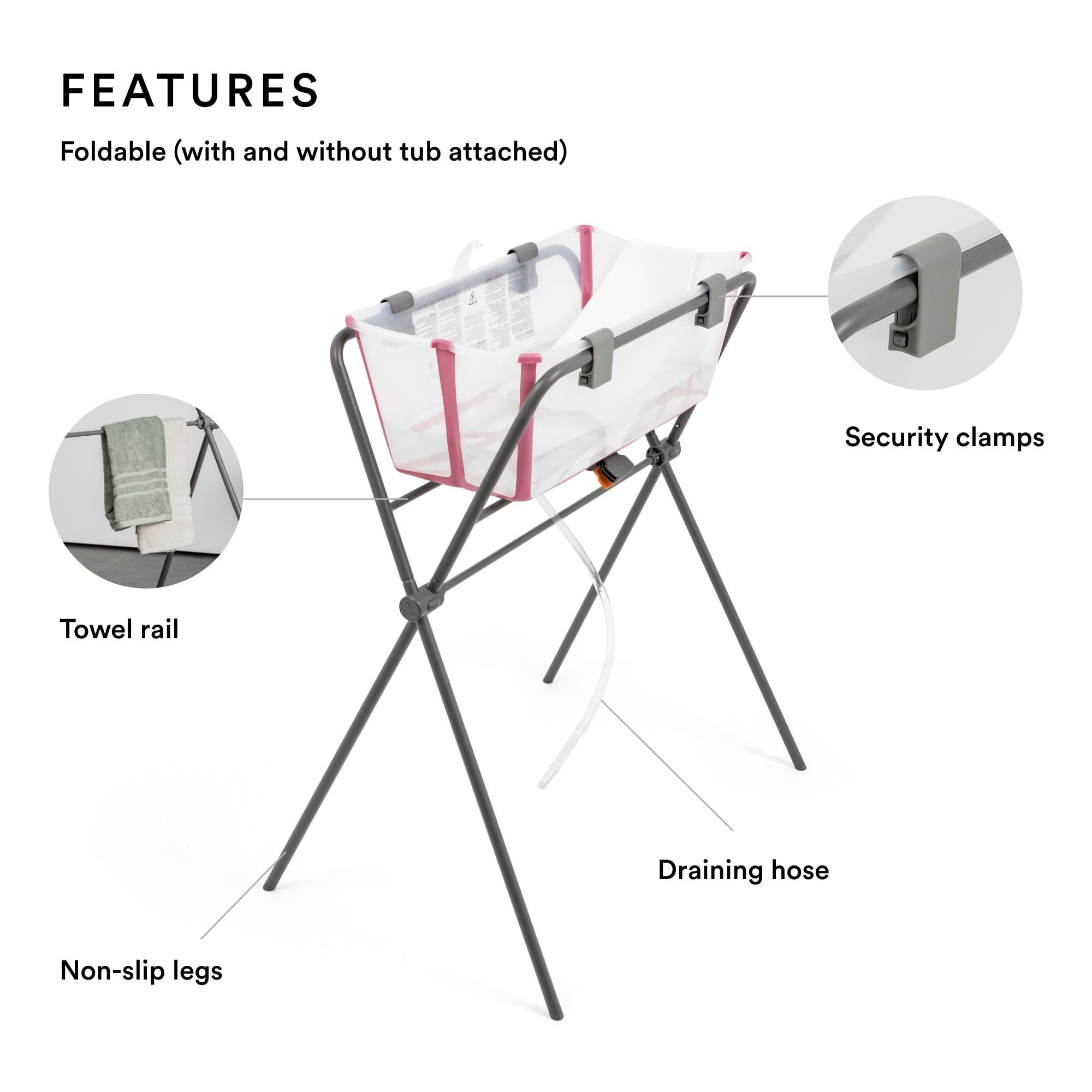 Stokke Flexi Bath Stand Grey non-slip legs enhance stability during newborn baths.